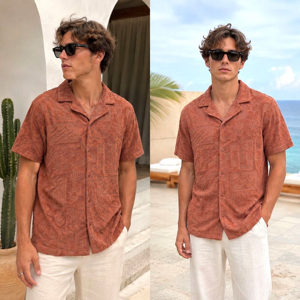 Negative Space Orange Terrycloth Hawaiian Shirt Men’s L Retro Beach Palm NWT